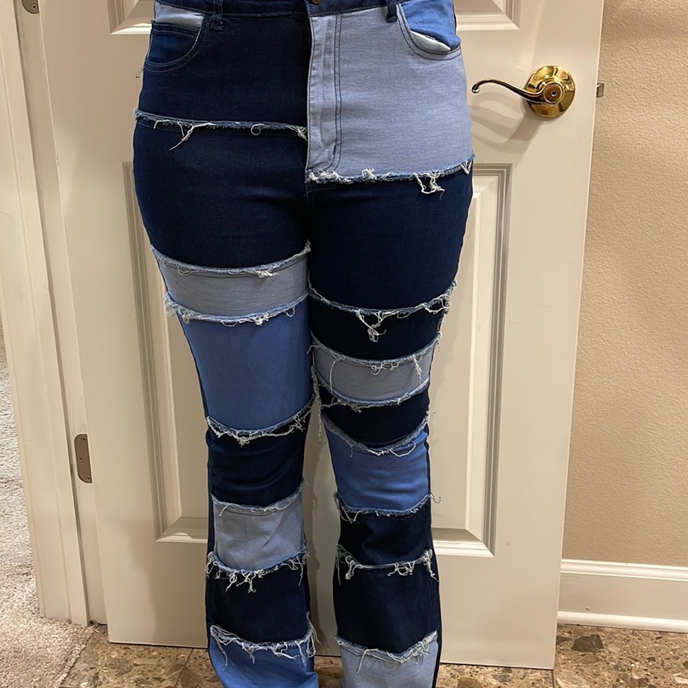 Patchwork Flare Jeans Boho Hipster Denim Jeans XXL Distressed